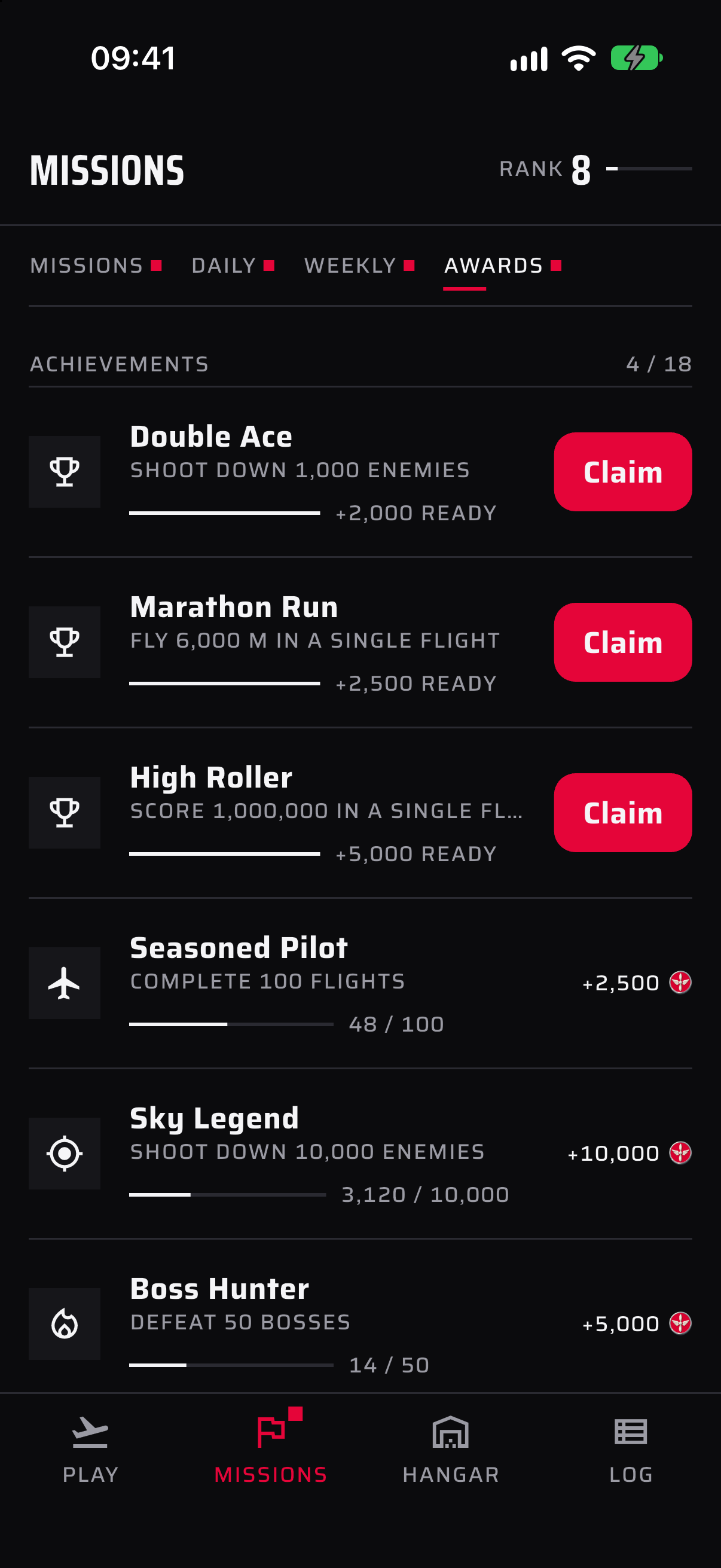 Achievements list with claimed rewards.