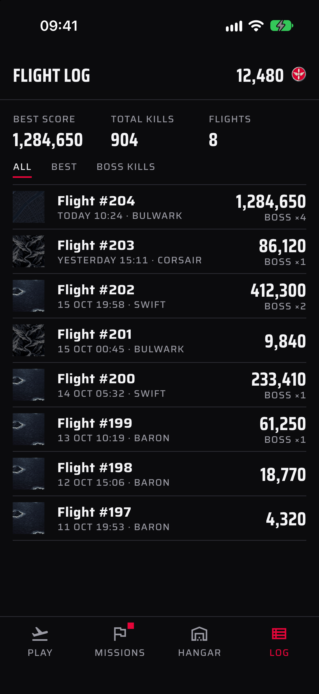 Flight log — every flight with score, kills and arena, filterable.