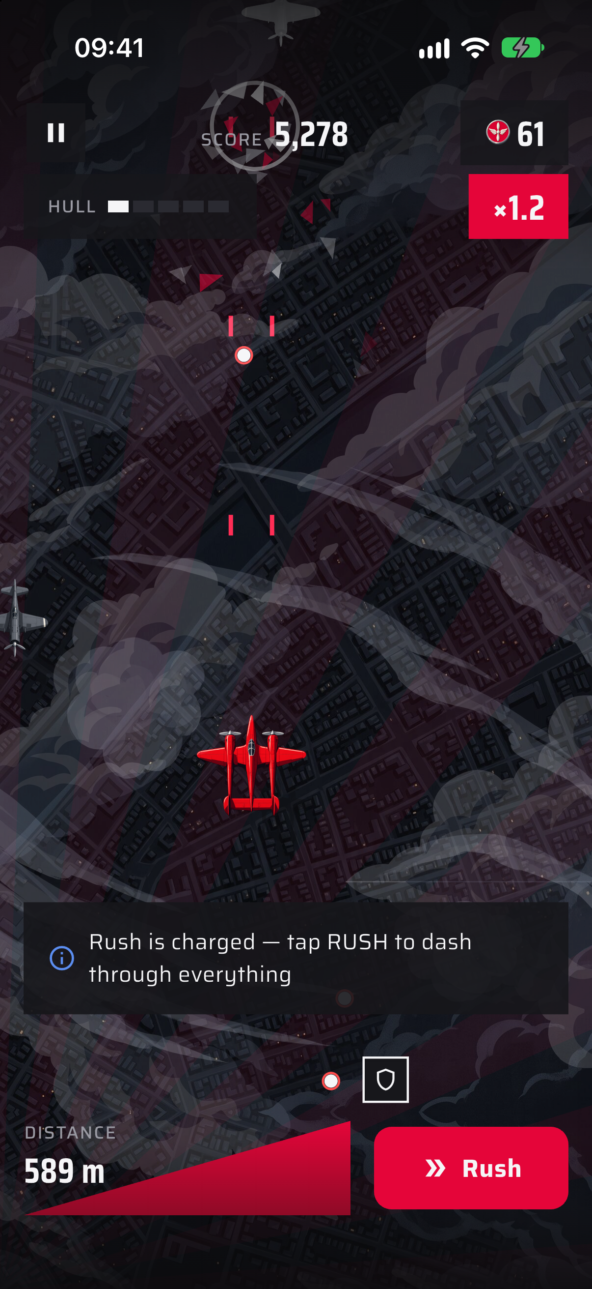 Flight with the Rush meter fully charged — the red wedge fills the corner.
