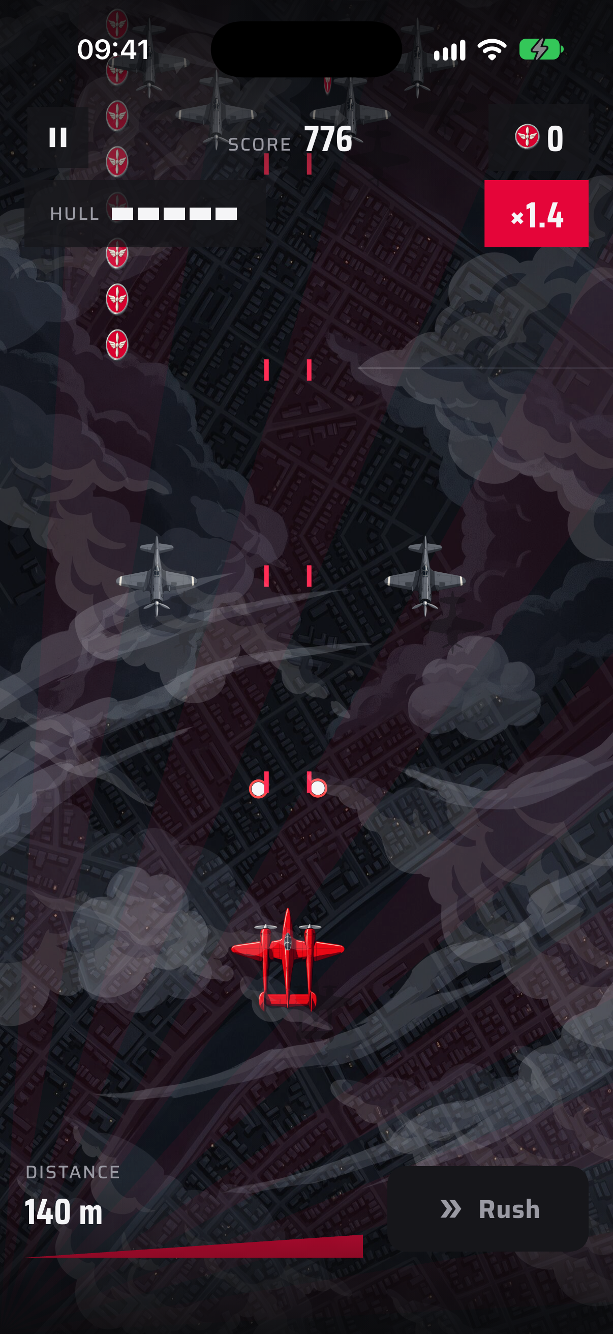 Flight over Storm City — the red racer climbs between interceptor dives under a lightning-lit sky.