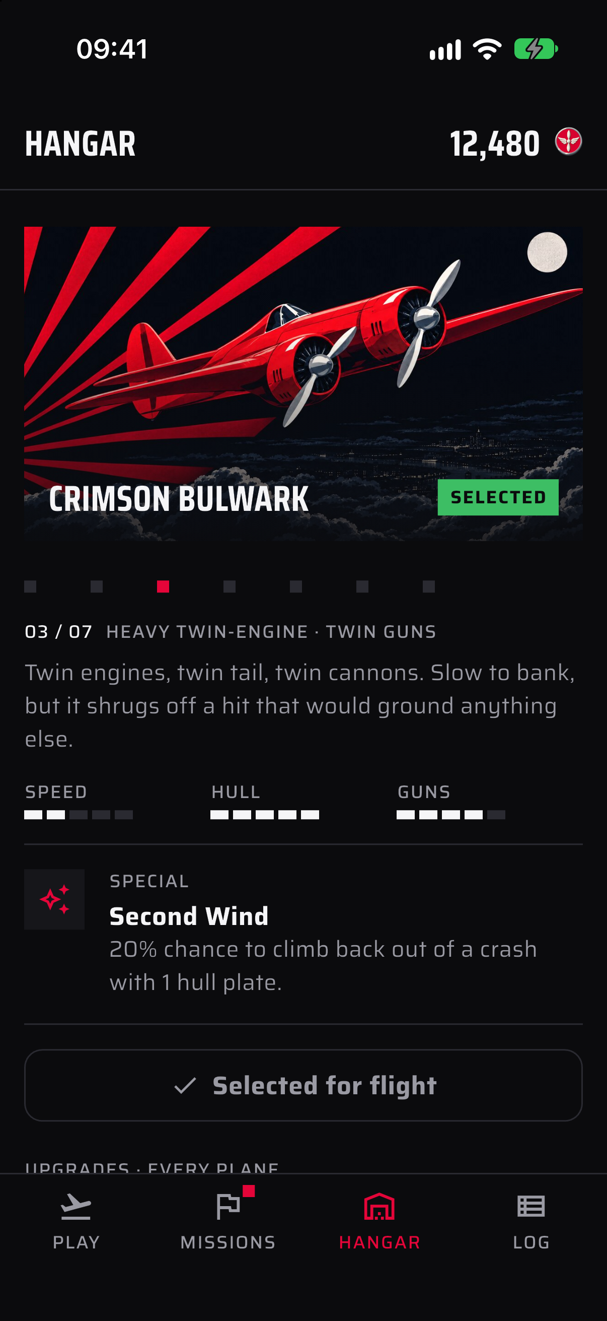 Hangar — the Crimson Bulwark twin-engine plane with its stats and special.