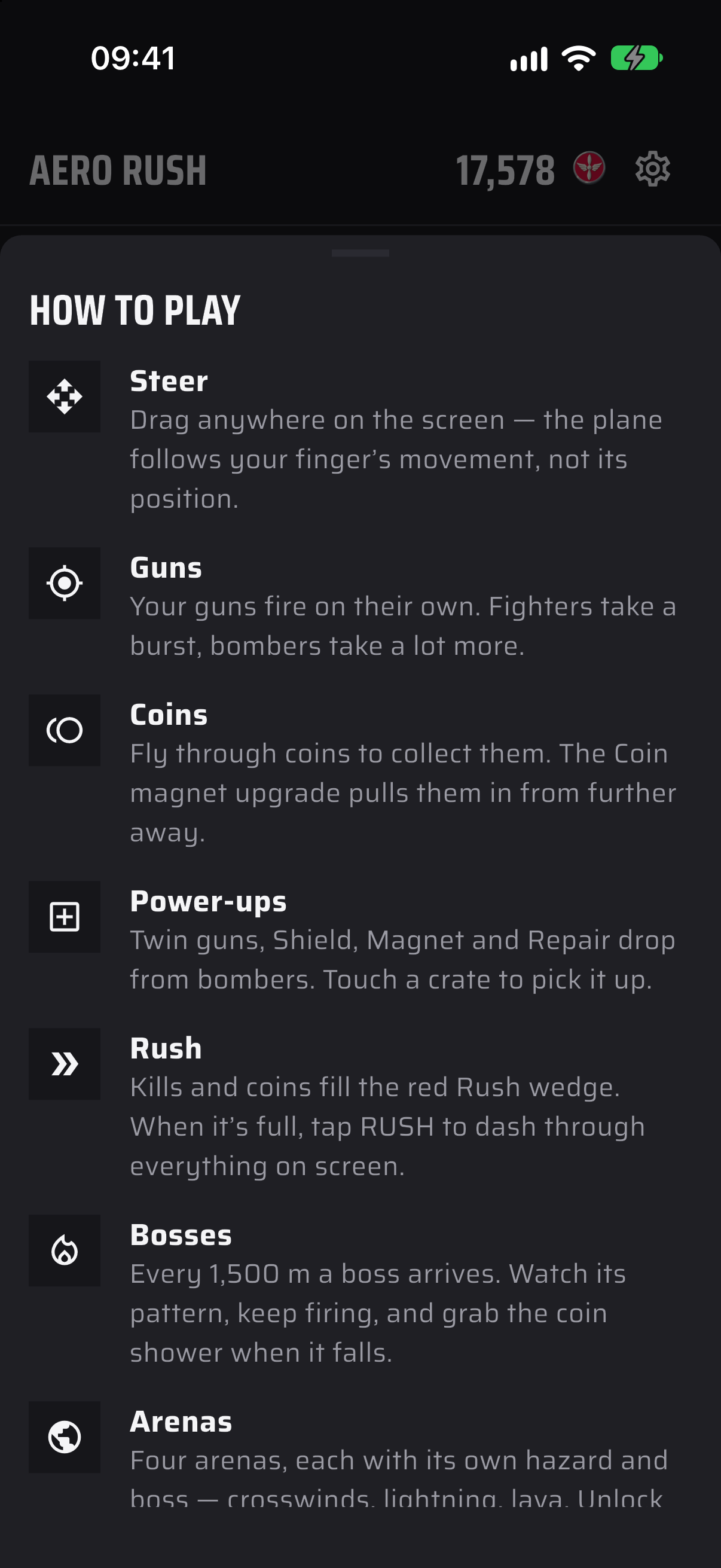 How to play sheet — steering, guns, coins, power-ups, Rush and bosses.