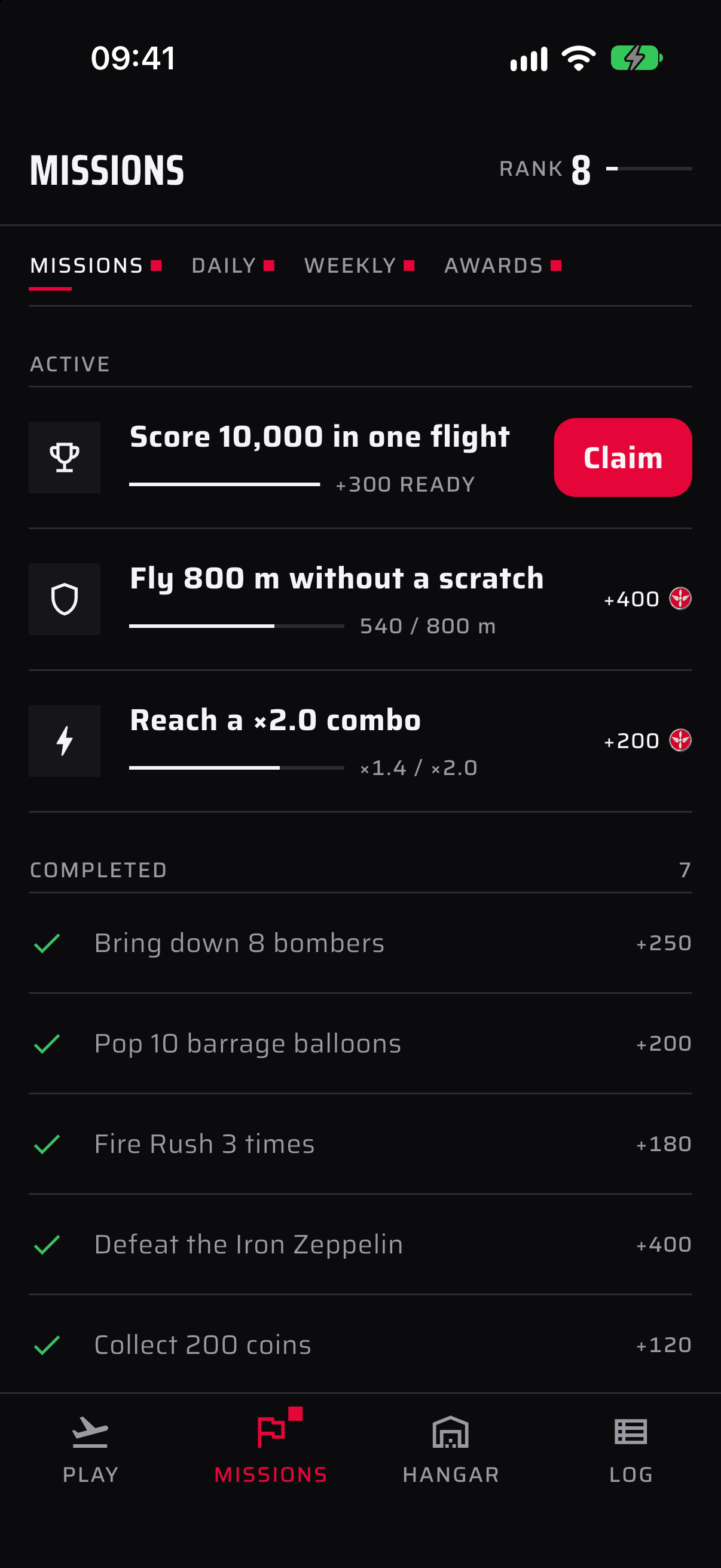 Missions tab — active story missions with progress bars and claim buttons.