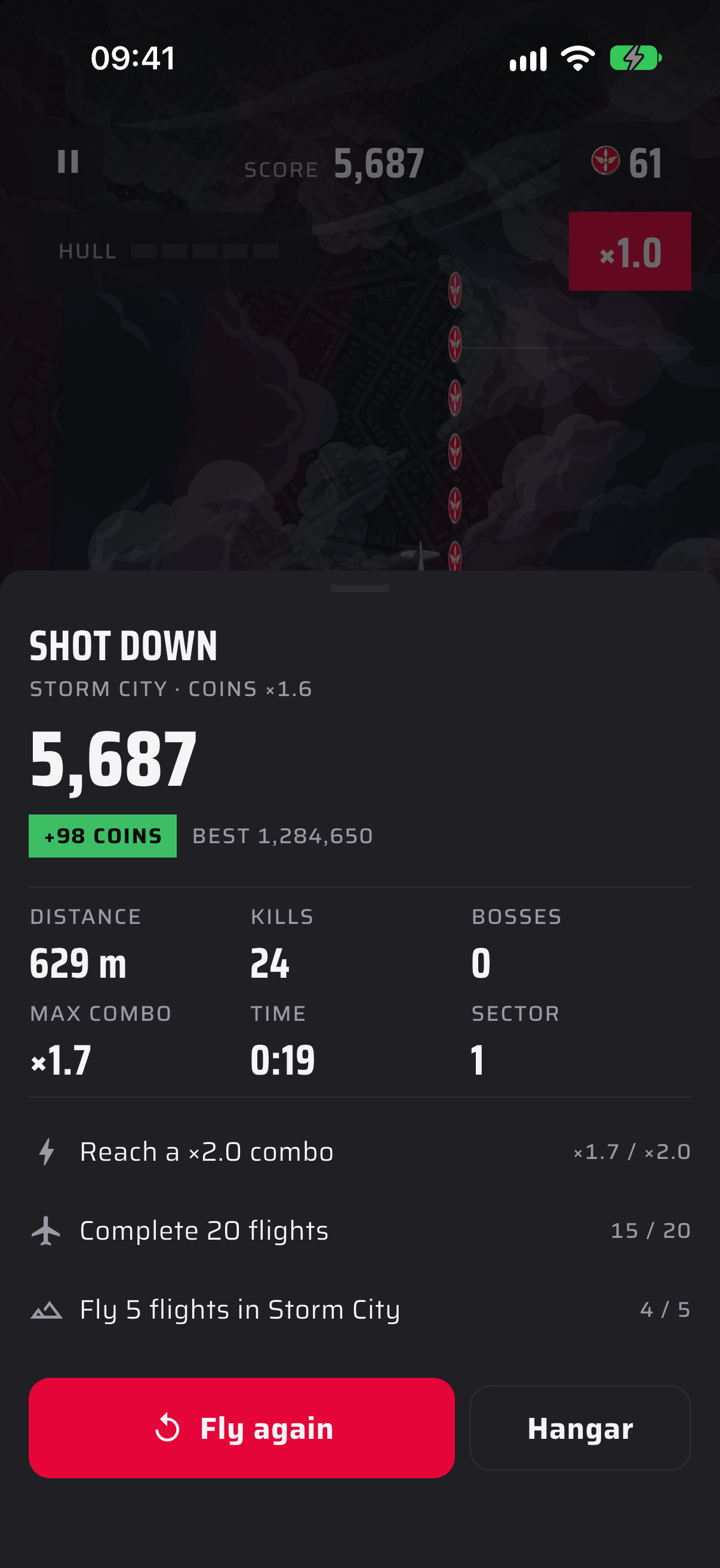 Results sheet after a flight — score, distance, kills, coins earned.